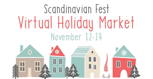 Scandinavian Fest Virtual Holiday Market November 12-14: a row of tan, blue and red nordic houses with trees and gnomes