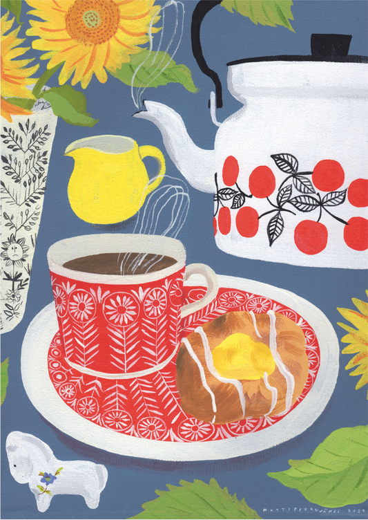 Illustration of white with red berries coffee kettle next to a red and white mug and saucer with a danish on a blue background with yellow creamer and yellow flowers.