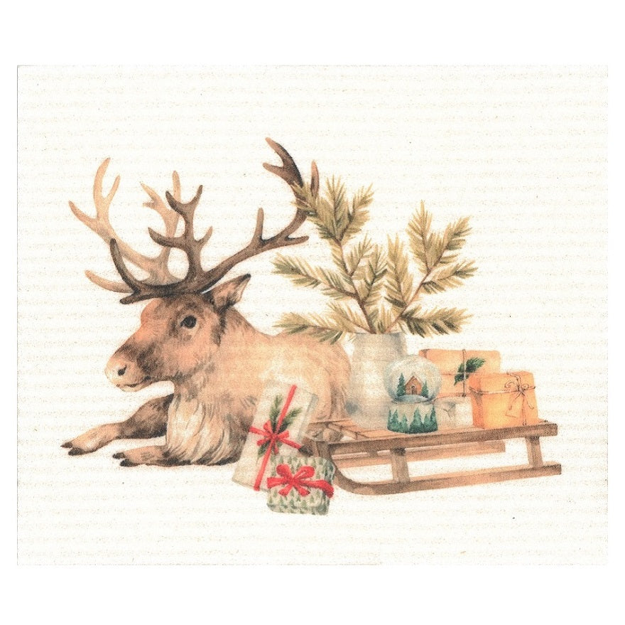 Swedish Dishcloth More Joy Reindeer with Gifts