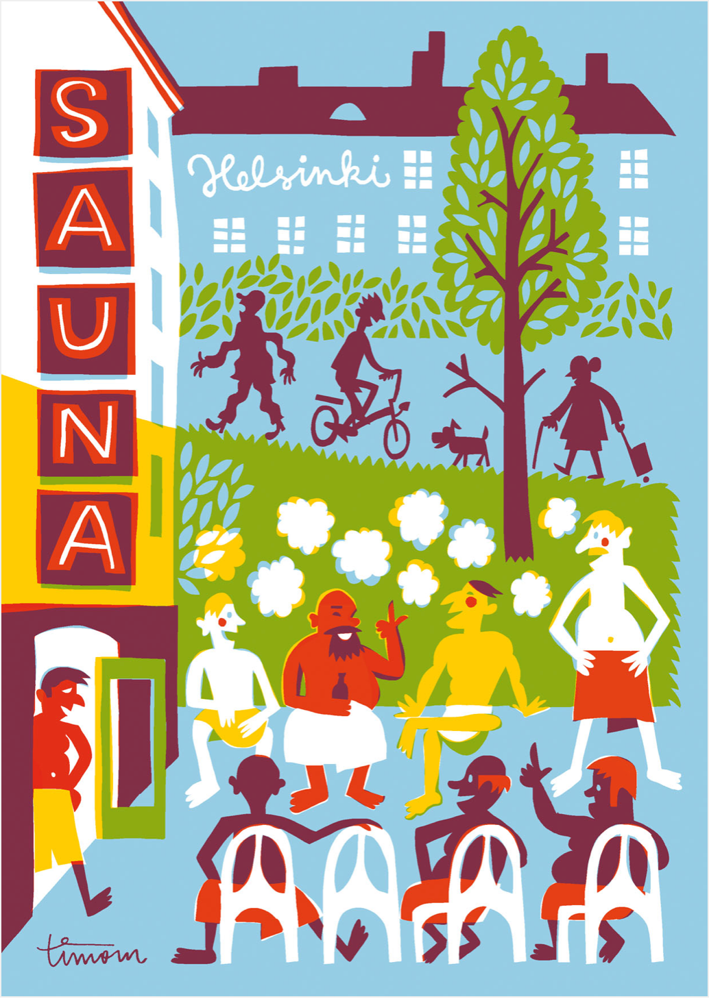 Illustration of a sauna entrance with neon sign and several men sitting outside in towels with a green hill and blue building on blue background.