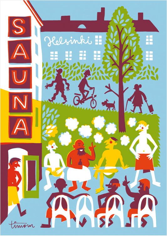 Illustration of a sauna entrance with neon sign and several men sitting outside in towels with a green hill and blue building on blue background.