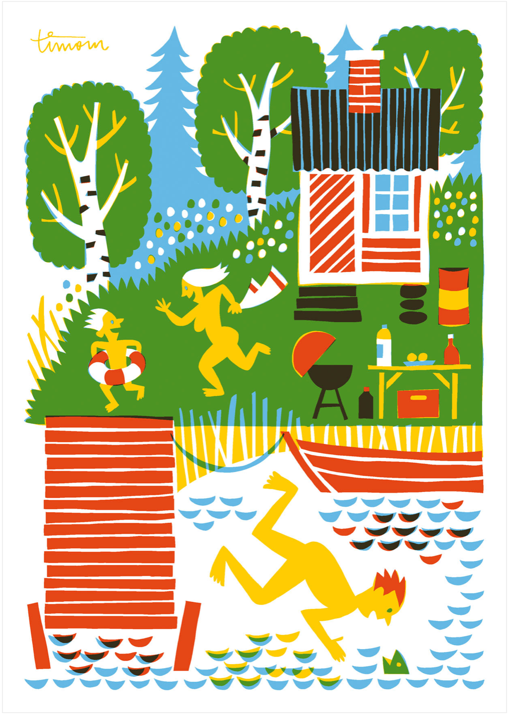 Illustration of a little red cabin nestled among birch trees and green grass at the water's edge with a red dock and boat. Three people are running from the sauna to the water.