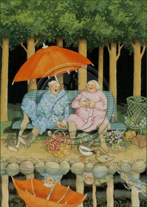 Illustration of two old ladies sitting under a red umbrella on a park bench with deciduos trees in the background, a picnic basket at their feet along with ducks. They are sitting in front of a pond which shows part of their reflection. Black in the background.