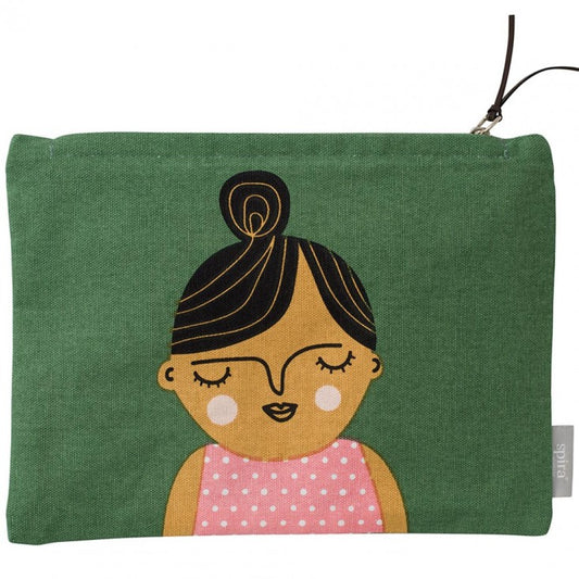 Pine green zippered toiletry bag with woman with black bun and white and pink polka dot sleeveless top.