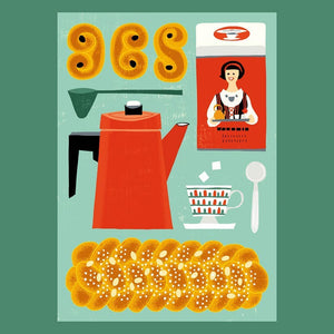 Postcard illustration of a loaf of braided bread, below a vintage red percolator, red and green tea cup, red coffee package and spoon all on a light aqua background.