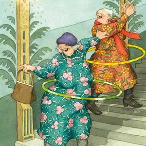 Two old ladies hula hooping down a staircase. One in a teal and pink floral dress with green hula hoop and the other in a orange floral dress with a yellow hula hoop.