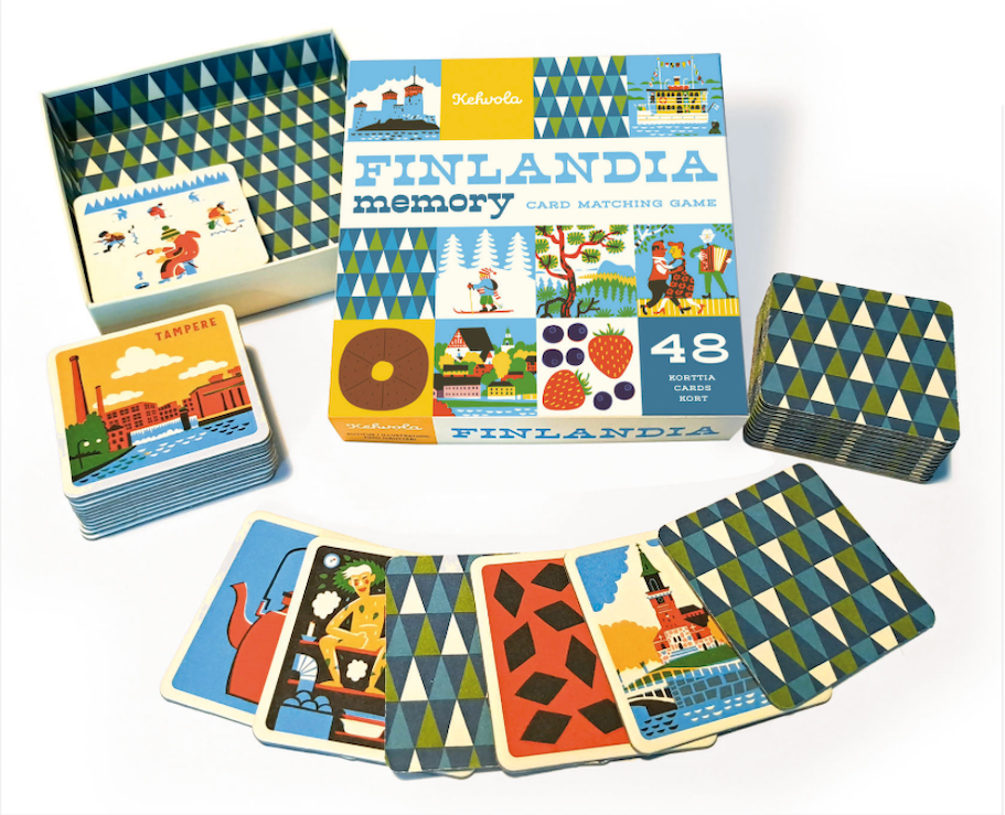 Image of Finlandia memory game with some of the cards fanned out in front of the game box. Colorful illustrated game on a white background.