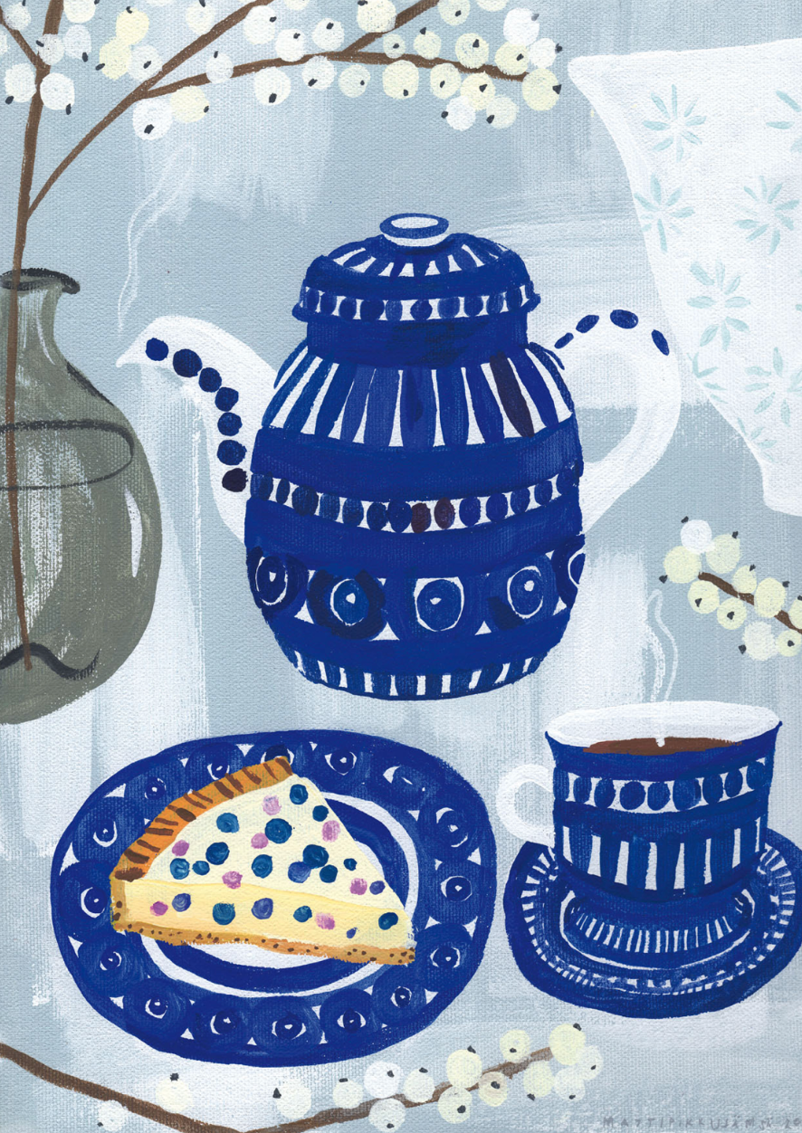 Blue and white teapot with matching teacup and plate with a slice of Finnish blueberry pie on a pale blue and white background.