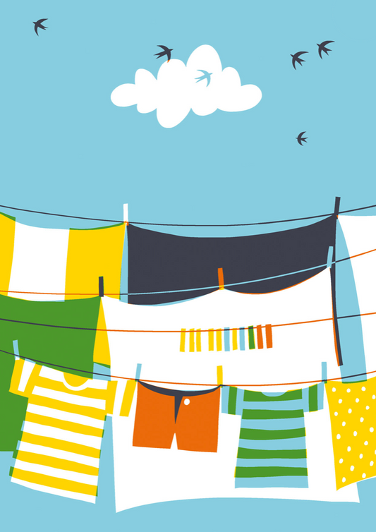Sky blue background with one white cloud centered in the sky with black birds flying. In the forefront are 4 clotheslines with white, black, yellow, orange, and green laundry hanging from it.