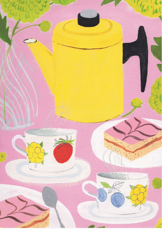 Yellow percolator among two white teacups with berries on them next to two pieces of pink Aleksander cake, all on a pink background.