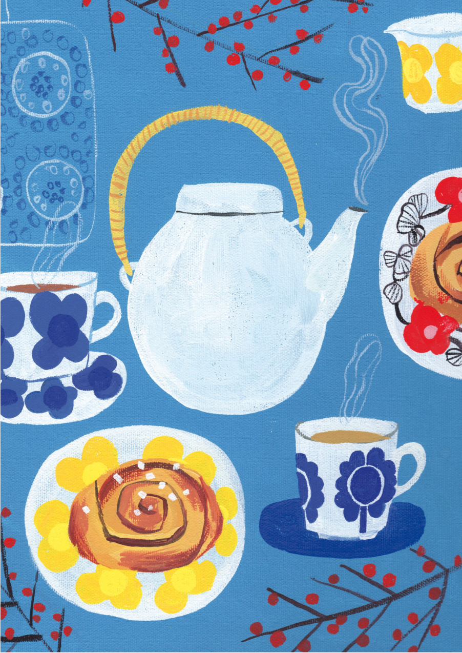 Light blue teapot with blue and white floral teacups and saucers with tea and cinnamon rolls, all on a blue background with red berries.