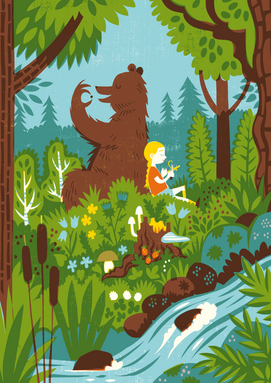 Illustration of forest scene with a brown bear and a little girl in a red shirt with blond braids sitting back to back eating berries next to a stream.