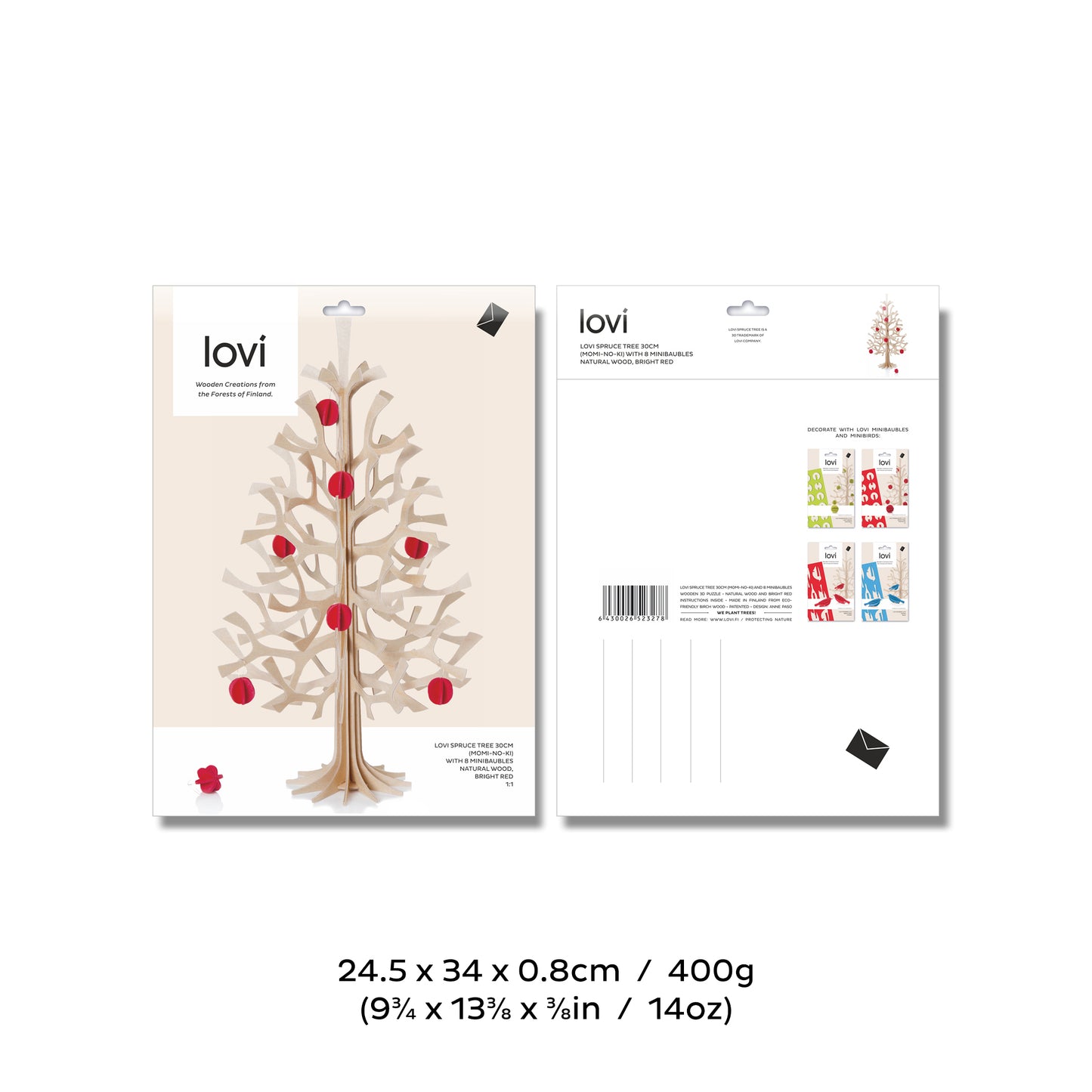 Lovi Spruce Tree, natural wood with bright red mini baubles, 30 cm