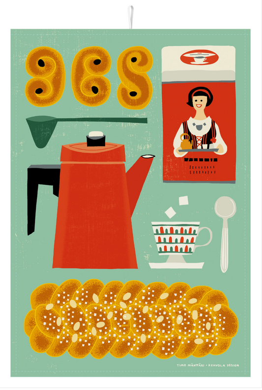 Illustration of vintage red coffeepot, Finnish coffee package, nisu, pulla and teacup on aqua background.