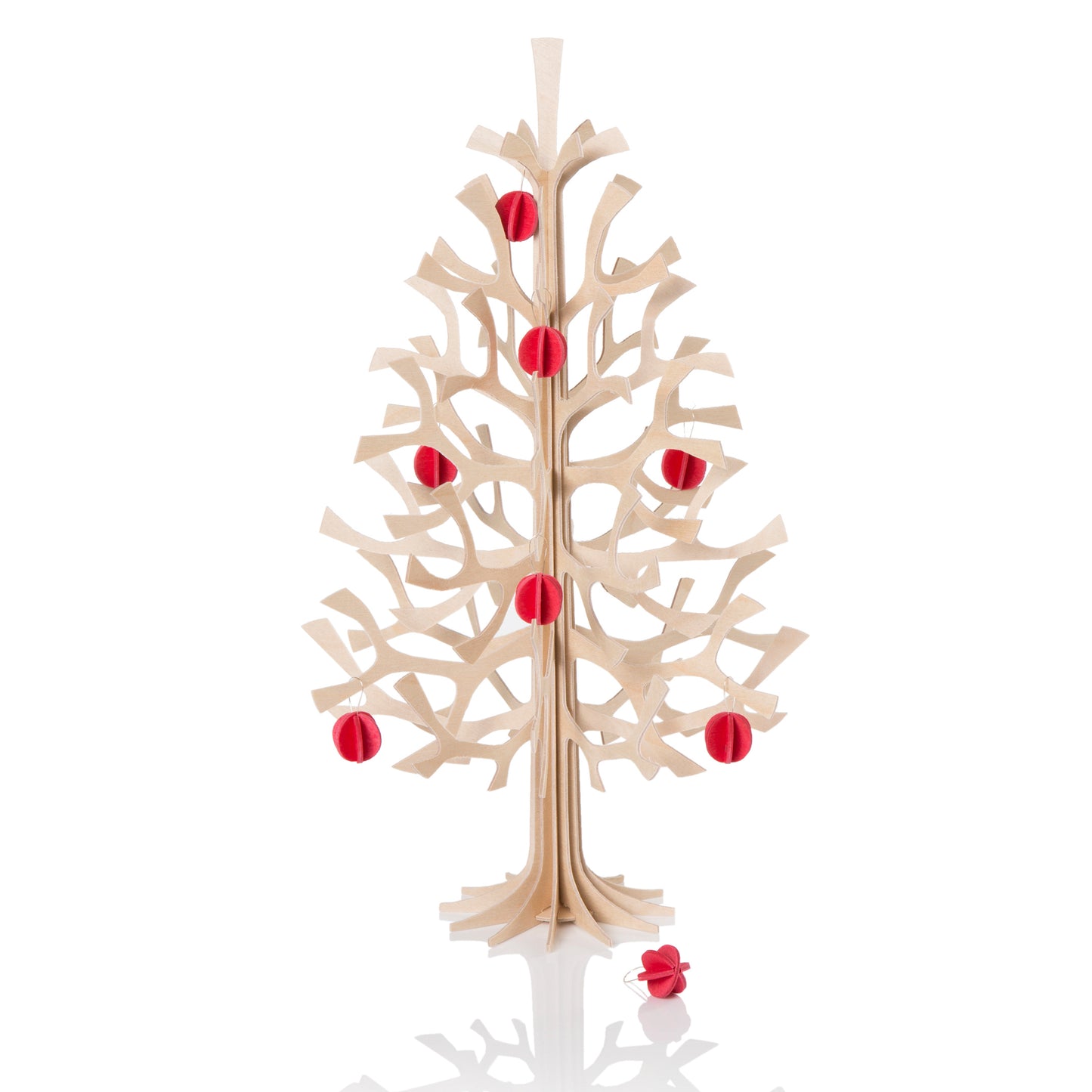 Lovi Spruce Tree, natural wood with bright red mini baubles, 30 cm