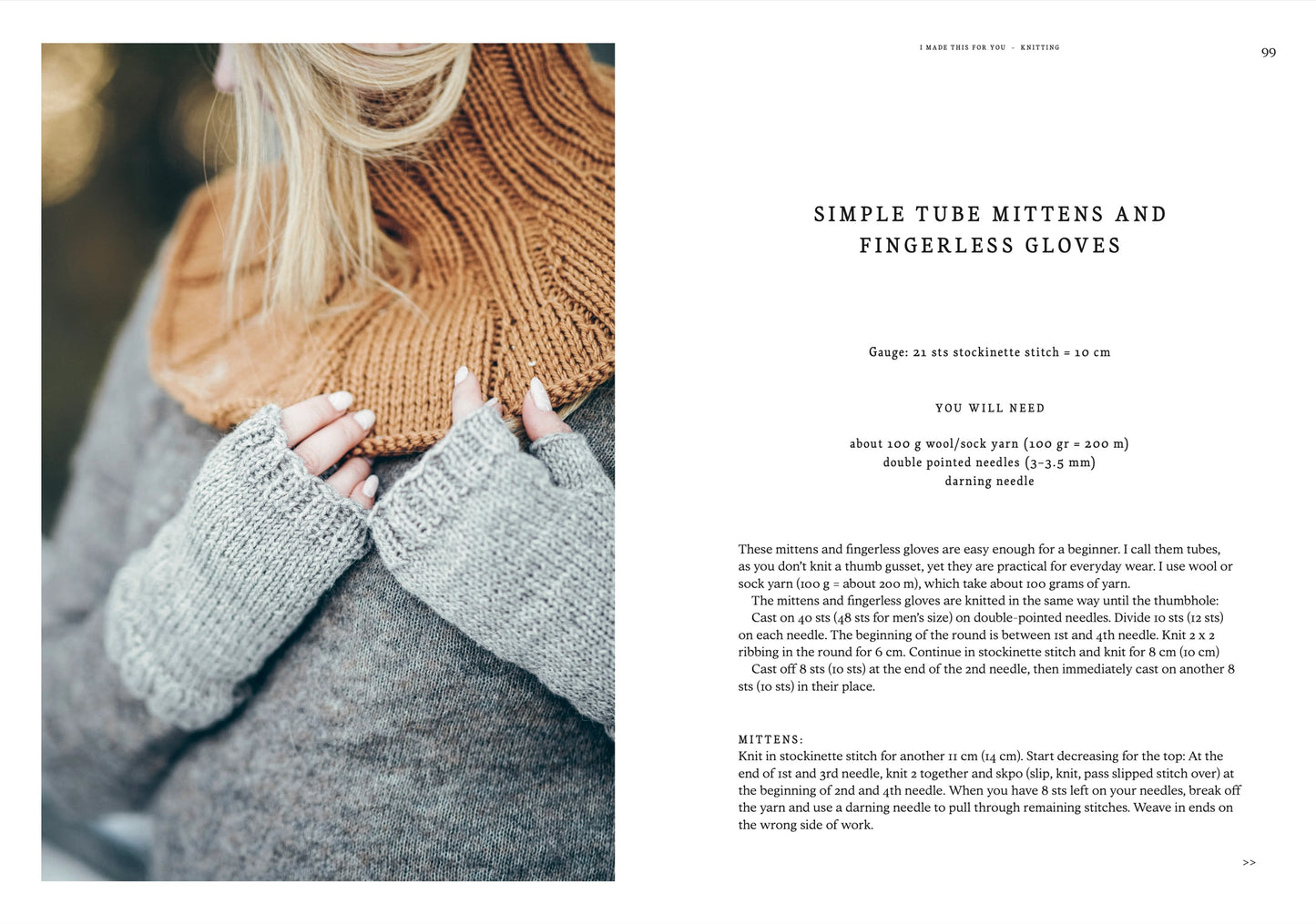 Person wearing gray hand knitted tube mittens and towel neck warmer with a blurred background with text of pattern on white background on adjoining page.