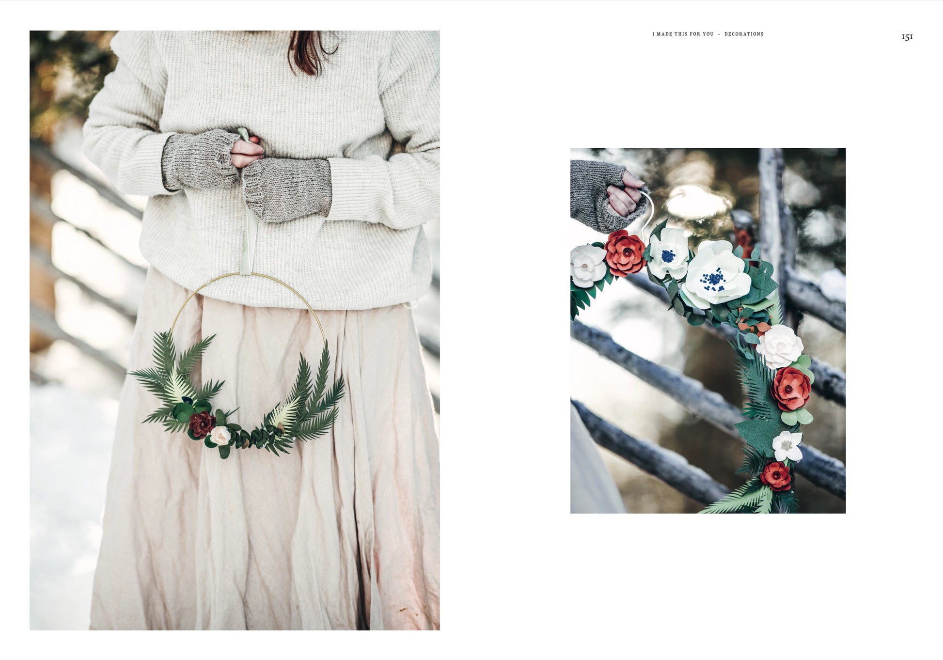 Person wearing a white coat and gray gloves with a floral wreath, next to a close-up of a floral wreath on a fence.