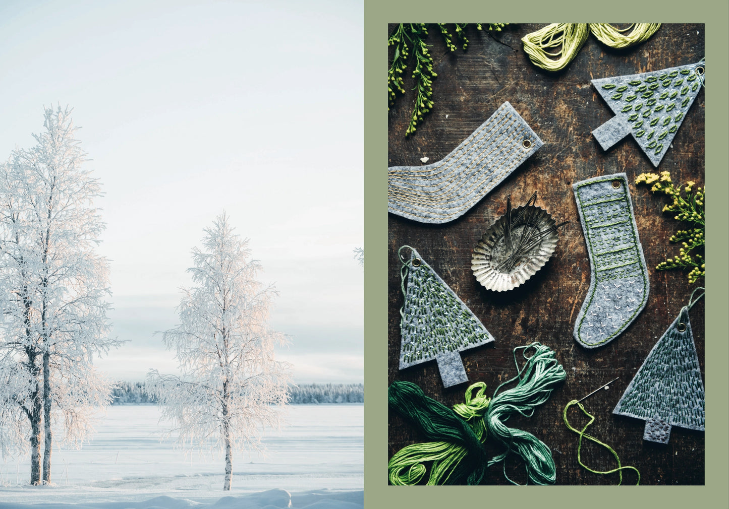 Decorative Christmas tree shapes on a wooden surface with a snowy landscape in the background.
