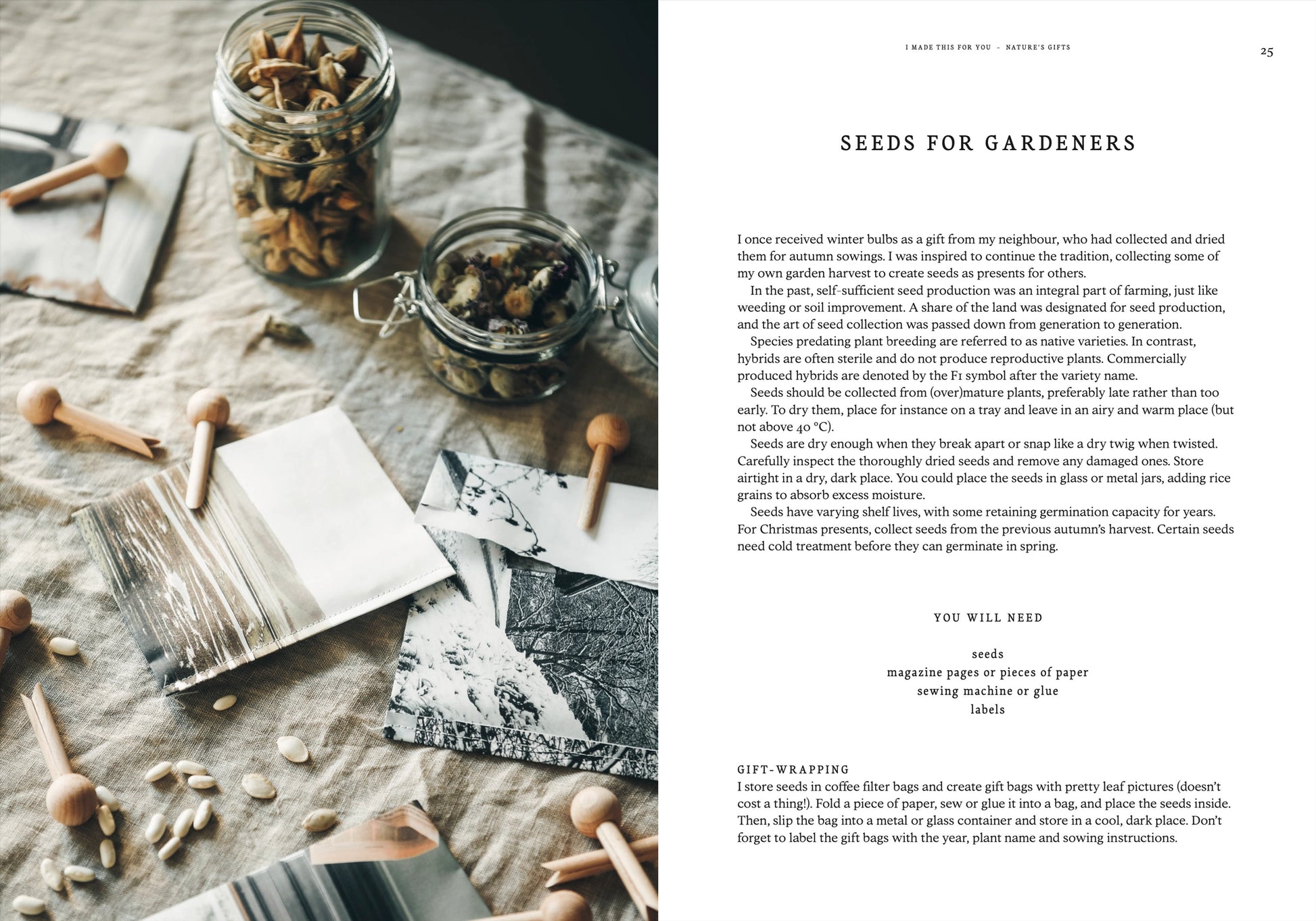 Jars of seeds on a table with gardening tools and text on a separate page.