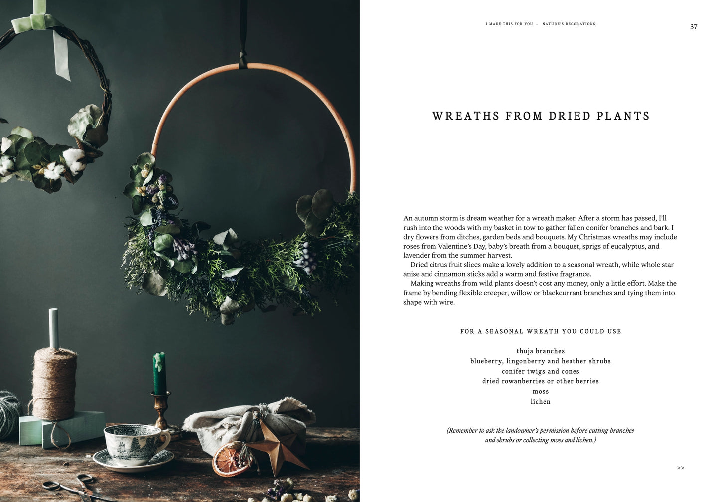 Wreaths made from dried plants on a dark wall with text on the right side.