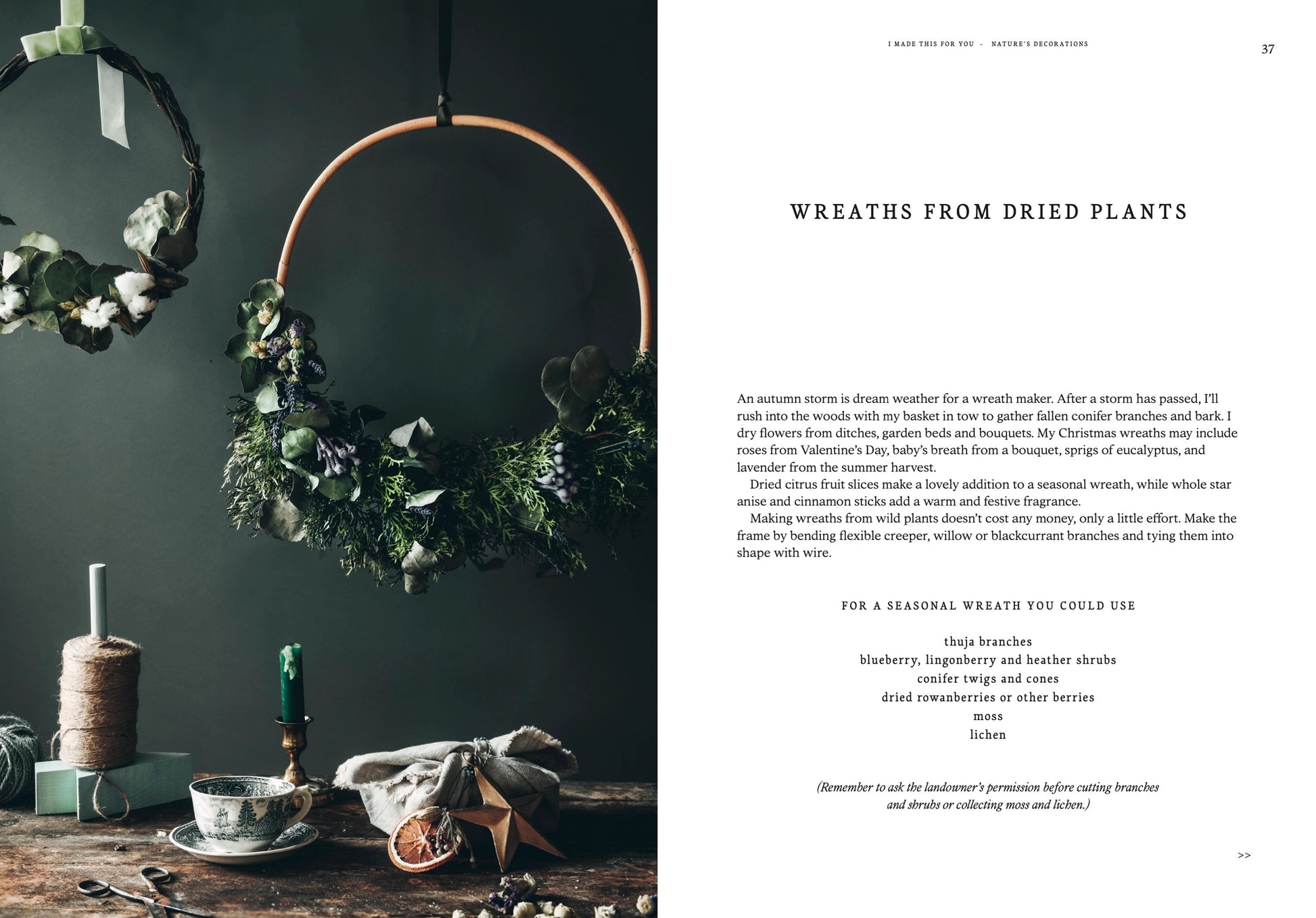 Wreaths made from dried plants on a dark wall with text on the right side.