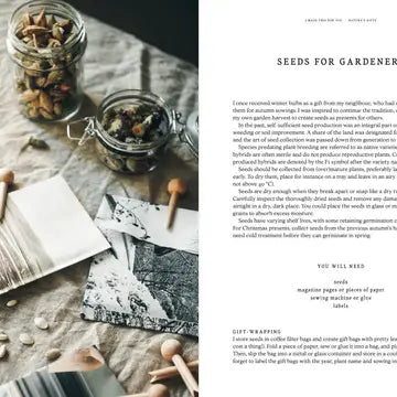 Jars of seeds on a table with gardening text on the right