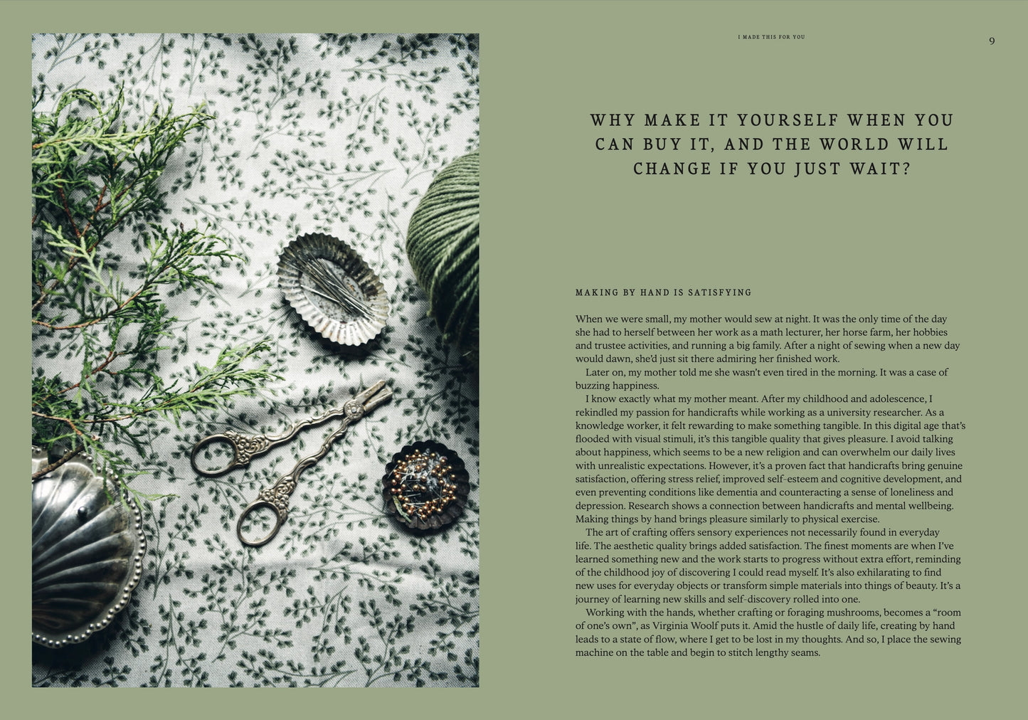 Decorative arrangement of shells and plants on a textured surface with text on the right explaining the importance of handmade items.