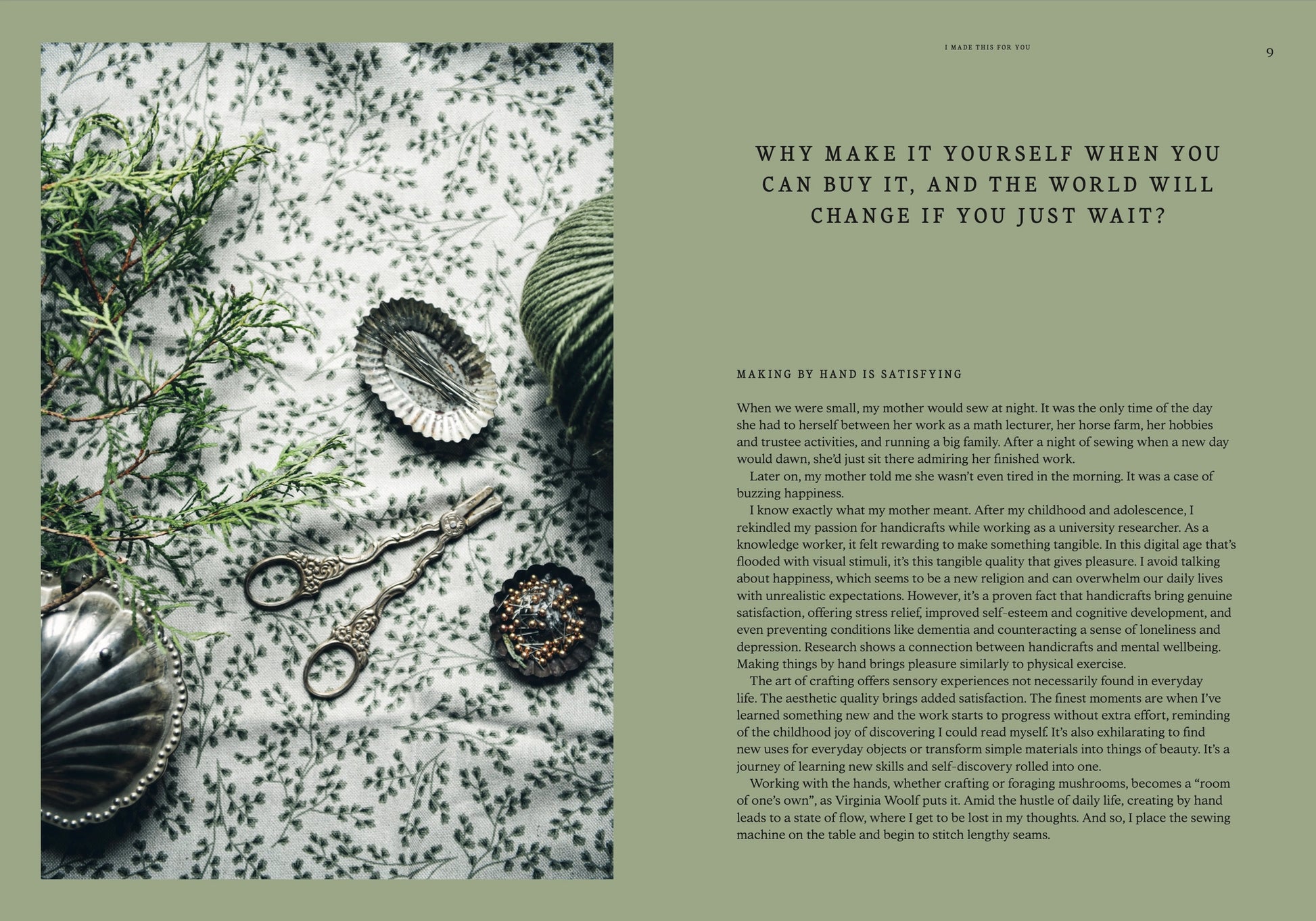 Decorative arrangement of shells and plants on a textured surface with text on the right explaining the importance of handmade items.