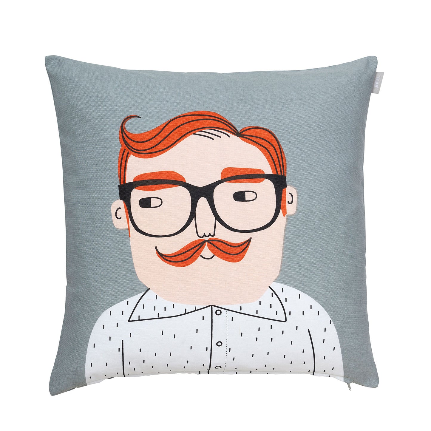 Gray cushion cover with man's face with red hair and mustache along with black eyeglasses and white button down shirt.
