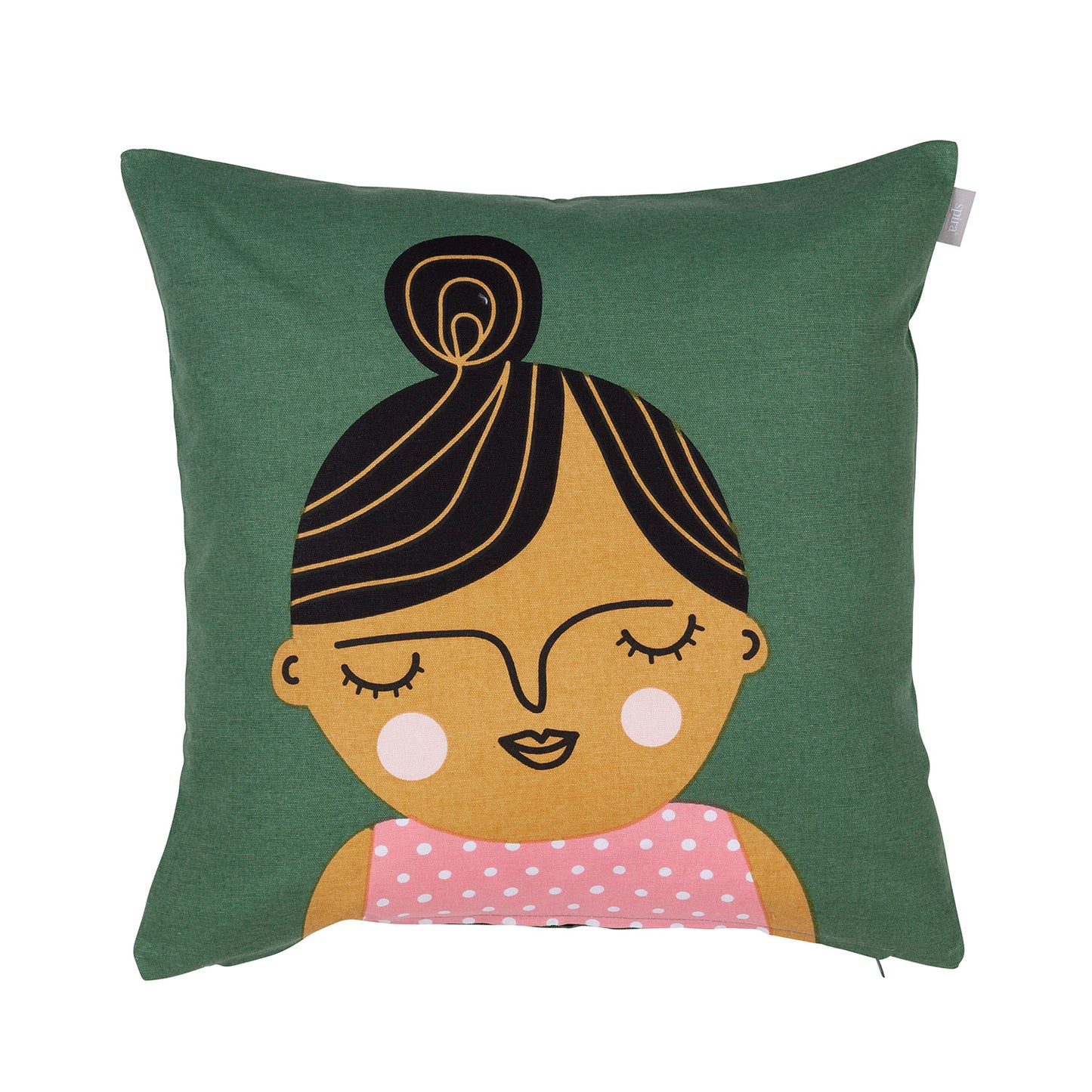 Pine green cushion cover with women's face with black hair in bun and pink and white polka dot shirt.