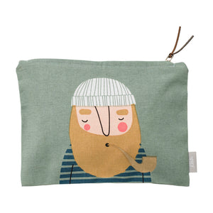 Gray zippered toiletry bag with tan bearded man wearing a white beanie, pipe and striped shirt.