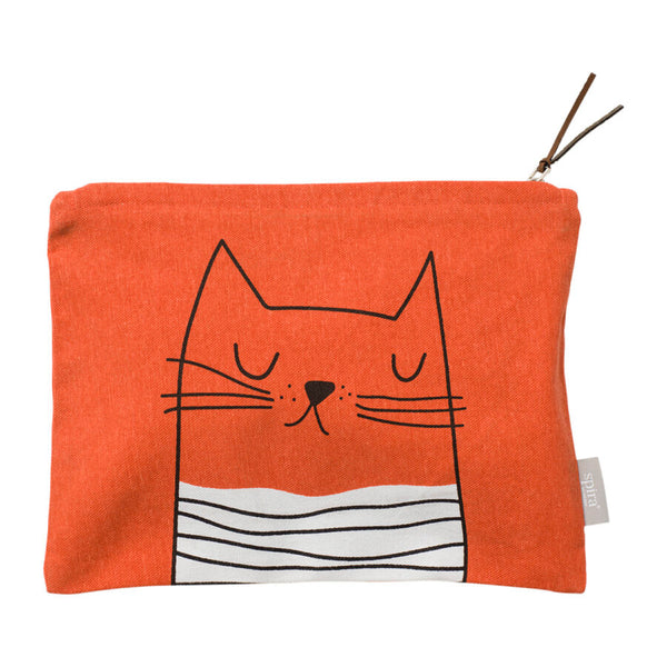 Orange toiletry zip bag with cat face outline.