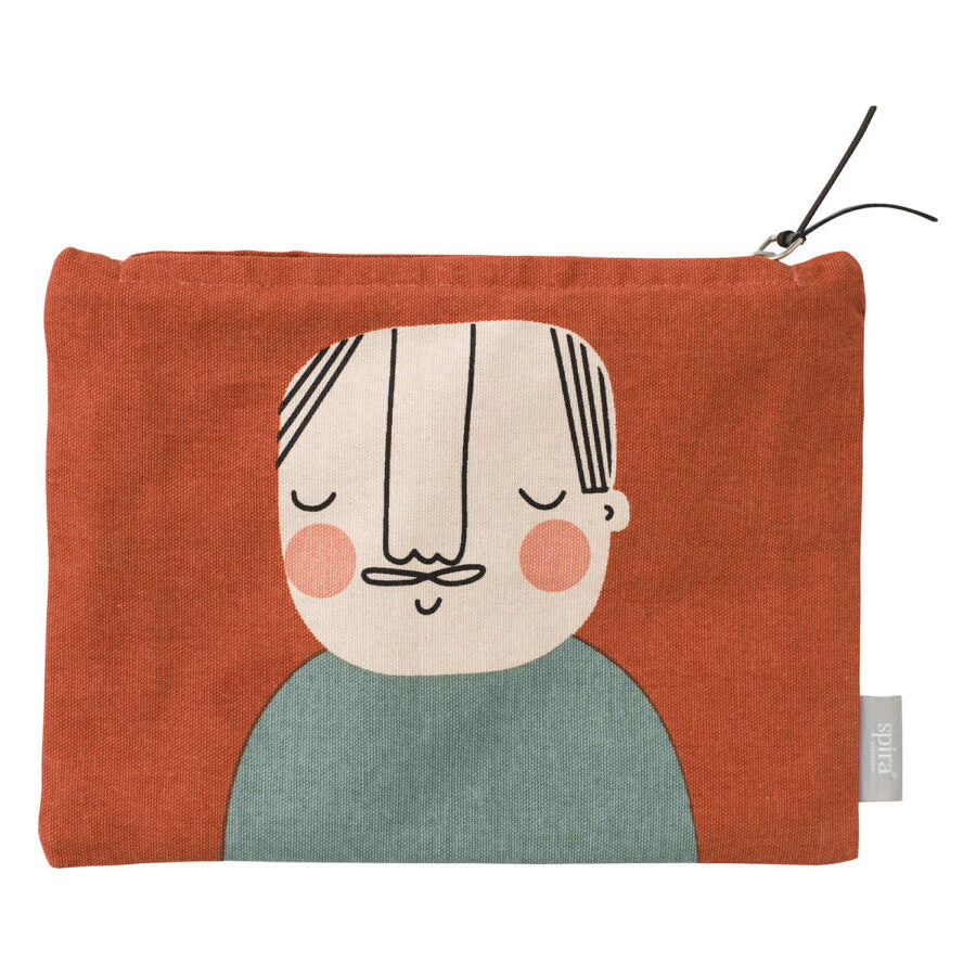Orange zipped toiletry bag with man's face with thin black hair and green gray shirt.