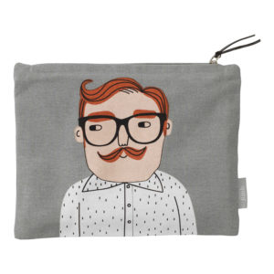 Gray zippered toiletry bag with man's face with red hair mustache wearing black eyeglasses and a white button shirt.