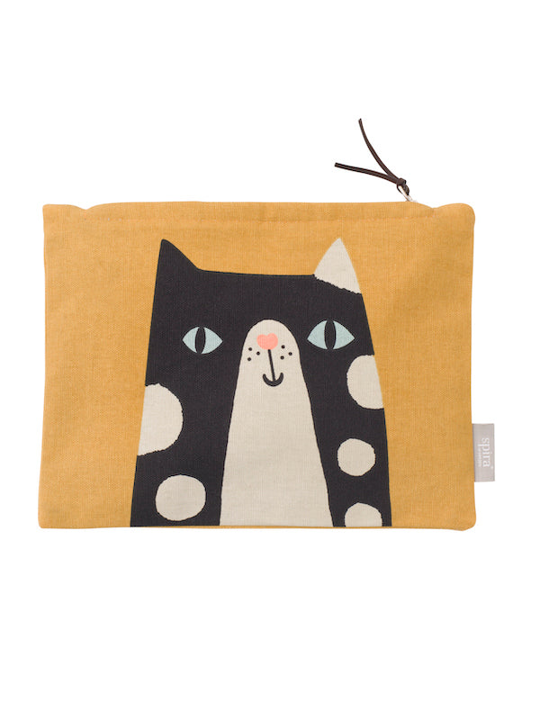 Mustard yellow rectangular zip bag with an illustration of a large face of black cat with white spots, muzzle, light blue eyes and pink heart nose.