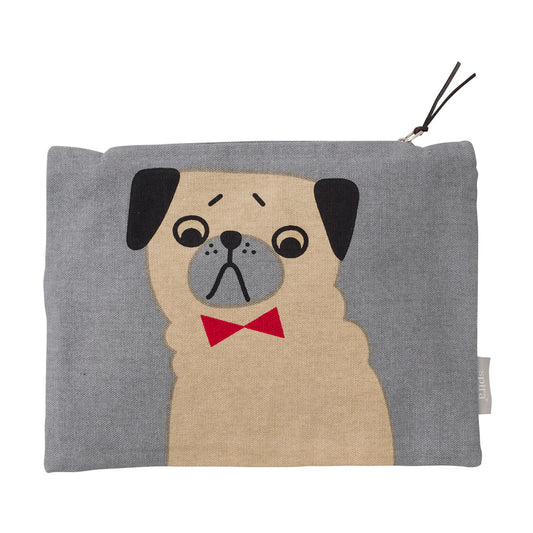 Gray zipped bag with an illustration of a light brown pug with black eyes and ears wearing a red bowtie. 