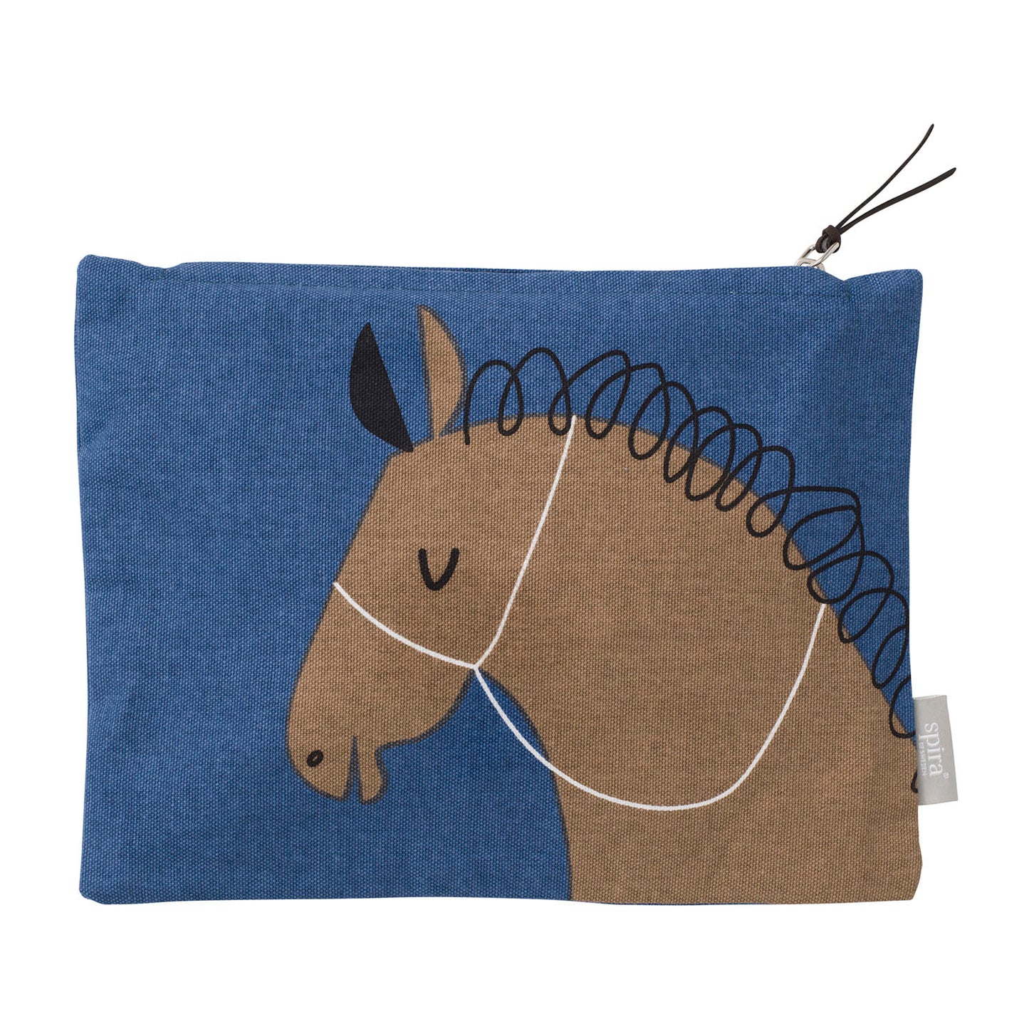 Deep blue zipped bag with an illustration of a profile of a brown horse with a white bridle and black curly main.