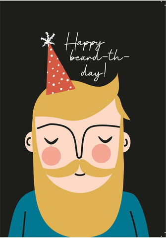 Illustration of the bust of blonde bearded man wearing a teal blue shirt and a coral colored birthday hat with white spots all on a solid black background. Above his head is text stating: Happy beard-th-day!