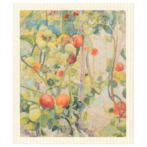 Dishcloth with a design is painting of red and green tomatoes on vines with a white background.