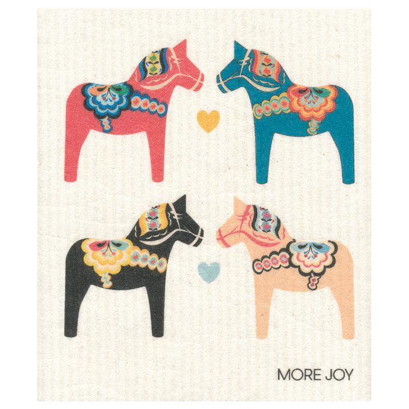 Image of four Dala horses, two by two, facing each other. They are in Clorox of turquoise, black, tan and pink with yellow, blue and orange accents. 