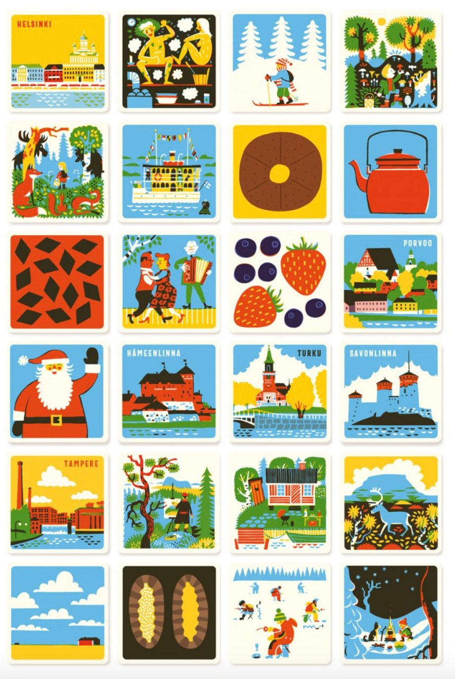 24 Illustration cards for the memory game. Colors are blue, red, yellow, green  black and white. Illustrations include a tea pot, winter scenes, sauna scene, Santa Claus and many more. 