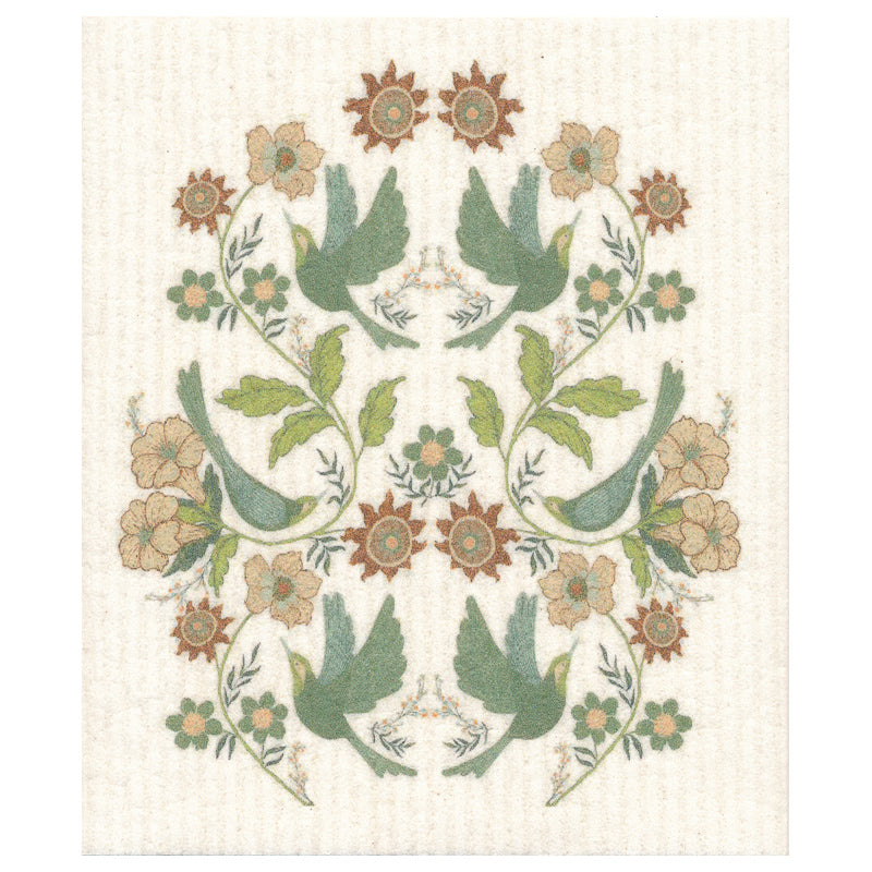Green vines with light pink and burnt orange flowers winding around 6 blue green birds.