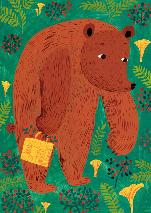 Illustration of a large redbrown bear picking golden chanterelles on a green background with sprigs of ferns and branches of red berries.
