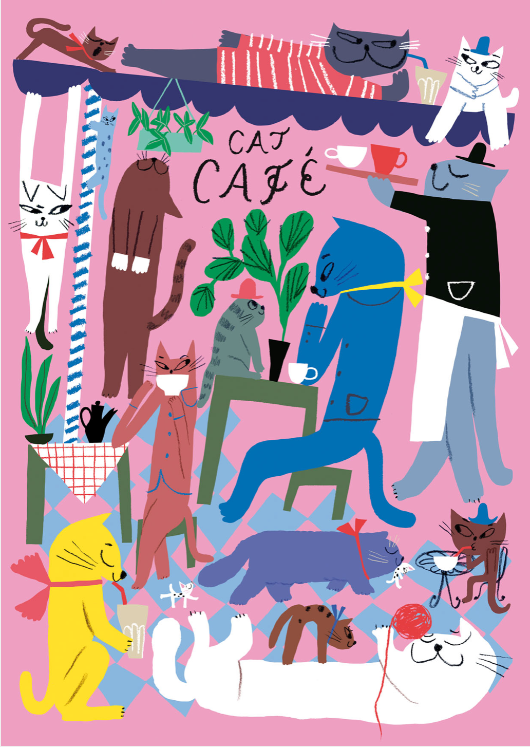 Seen of a colorful cat cafe on pink background.