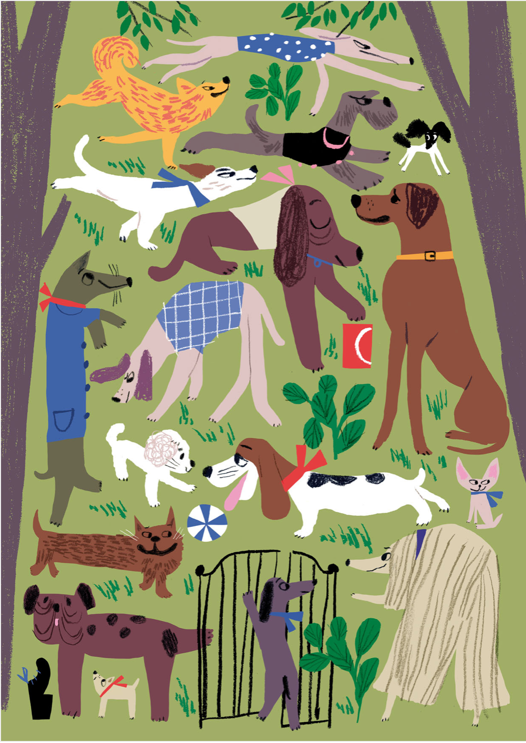 Many colorful dogs of different shapes and sizes playing in a dog park with a green background, green leaves and two brown tree trunks.