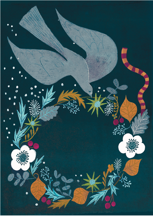 Illustration of blue gray dove holding a wreath of autumnal colored flowers on a darker blue gray background.