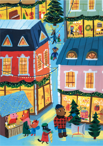 Colorful illustration of animals dressed in winter clothes shopping at an outdoor Christmas Market. There are buildings with lighted garland and strings of lights between the buildings.