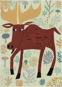 Illustration of brown moose on pale green background surrounded by green, gray and gold woodland items.
