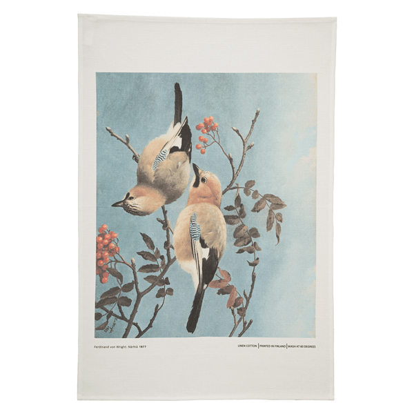 Tea towel with design of a painting of two jay birds on a branch with orange berries on a blue background.