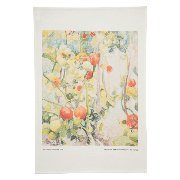 Tea towel with design of a painting of red and green tomatoes on vines with a white background.